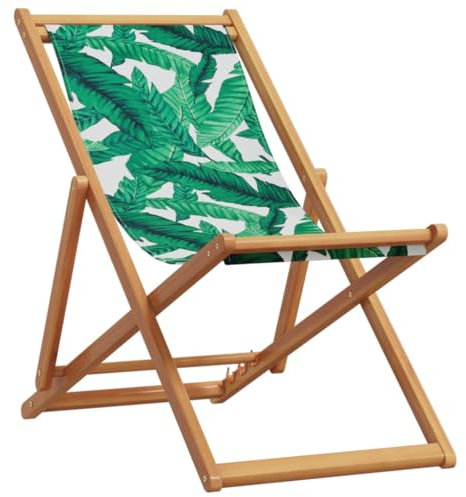vidaXL StrandstuhL, Klappbar Gartenliege mit Kissen Armlehnen, Liegestuhl für Garten Terrasse Balkon, Strandliege, Blattmuster Massivholz Eukalyptus Stoff