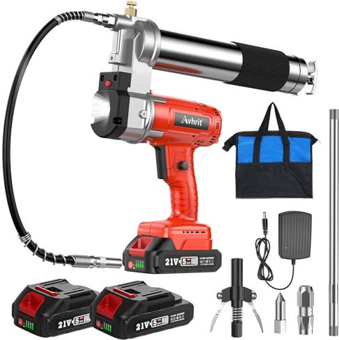 Avhrit Pompe à Graisse Électrique, 10 000 PSI, 5 oz/Min, Pompe à Graisse Batterie Comprenant 2 x 2000mAh Batteries, Tuyau de 39.4'' de Long, 3 Embouts Différents, pour équipements Lourds