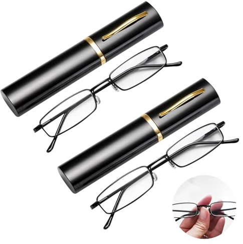 Lpolkvemelh 2 Pairs Slim Reading Glasses, Pocket Metal Frame Blue Light Blocking Glasses with Portable Pen Cases, Lightweight Stylish Compact Rectangle Readers Glasses for Men Women (Reading +2.5)