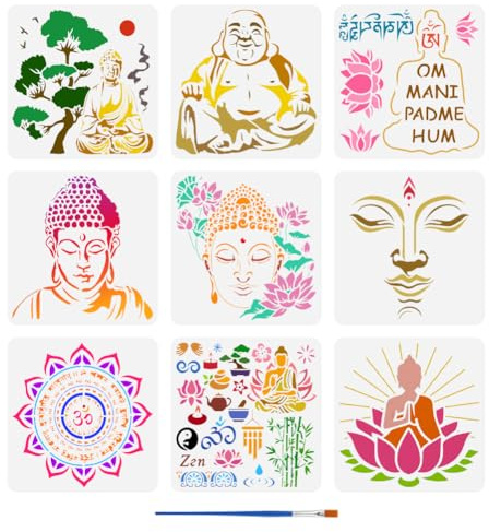FINGERINSPIRE 9 Pz Stencil con Motivo Religioso con Pennello 30x30cm Stencil per Pittura Buddha Stencils con Motivo Yoga Stencils Mandala in PET Modello Fiore di Loto per Piastrelle per Pavimenti