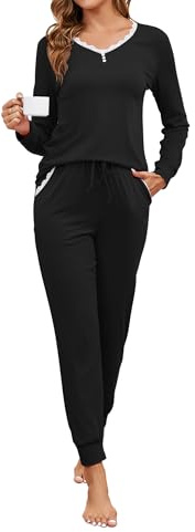 Namatime Pijama Largo de algodón para Mujer, Pijama de Dos Piezas, con Encaje, Cuello en V, Ropa de Dormir y Pantalones de Pijama con Bolsillos, Negro, XXL