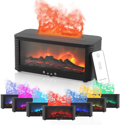 Aromatherapy Diffuser with LED Fireplace, Flame Aromatherapy Diffuser with 7 Colour Lighting Flame Effects, 250ml Humidifier with Remote Control, Timable, Auto Shut-Off without Water, For Home, Office