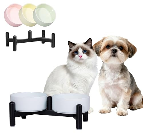 Comedero Perro Elevado de Cerámica Doble - Set de Comederos y Bebederos con Soporte de Acero Inoxidable - Cuencos Coloridos para Gatos y Perros Pequeños - 140 g / 260 ml - Altura 10 cm - Azul