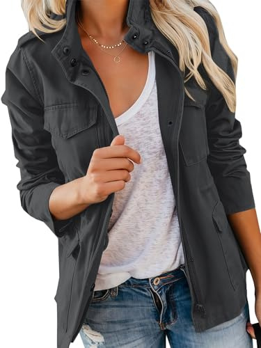 PerZeal Womens Military Jacket Zip Up Snap Buttons Lightweight Utility Anorak Field Safari Coat Outwear Dark Grey Large