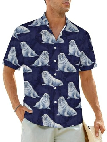 JOJOARTWalrus Funny Animal Button Down Shirts for Men Casual Short Sleeve Stand Up Collar Shirts Summer Beach Tops XL