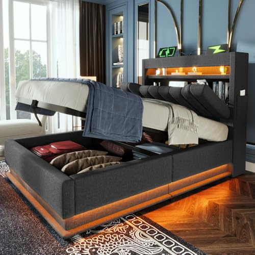 Cama con almacenamiento de 90 x 200 cm con puertos USB y tipo C e iluminación LED, 90 x 200 cm, con cabecero y espacio de almacenamiento, cama individual con almacenamiento, color gris lino