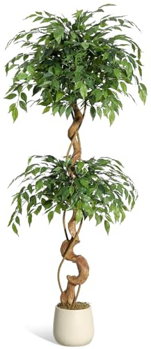 5 ft Artificial Ficus Tree with Curved Trunks, 152cm 3-Tier Fake Plant Faux Silk Trees with White Planter, Fake Ficus Tree for Home Decor, Artificial Plants Indoor for Indoor Office Living Room