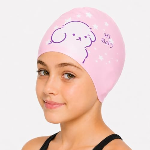 Waterproof Silicone Swimming Cap for Kids 4-12 Years with Cute Cartoon Bear Pattern - Comfortable Anti-Slip Fit, Extra Space for Long Thick Hair