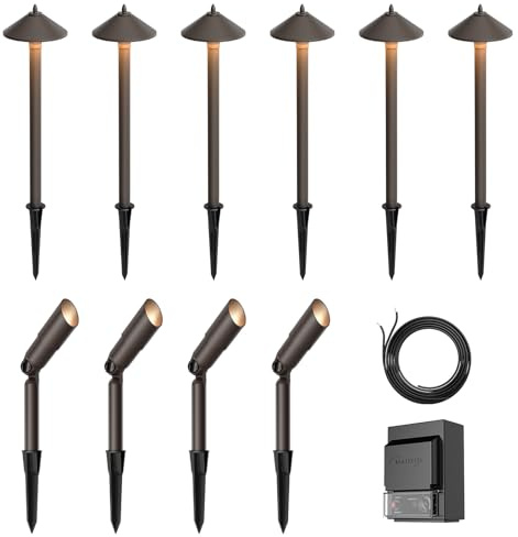 Malibu C Landscape Lighting Kit with 150W Low Voltage Outdoor Transformer & 12V Halogen 6PK 10W Bronze Pathway Lights & 4PK Metal 20W Flooding Lights/Spotlights Warm White & 75Feet #16 Wire for Patio