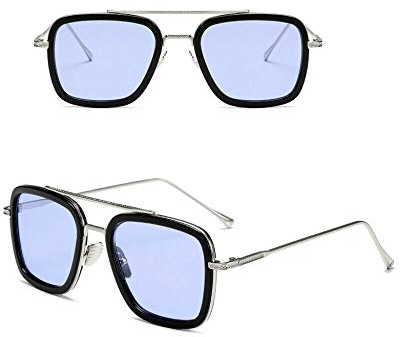 WONOLO Retro Vintage Sunglasses for Iron Man Sunglasses Tony Stark Glasses Square Metal Frame for Men Women Goggle Classic Alloy Frame AyeVision (Silver Frame Light Blue Lens)