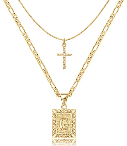 KELORIS PATH Gold Layered Initial Cross Necklace, 14K Gold Plated Layering Square Letter Pendant Figaro Chain Cross Choker from A-Z Capital Jewelry for Women(Letter G)