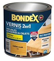 BONDEX - Vernis 2 en 1 Haute Résistance - Protège et Embellit le bois - Chêne Clair Mat - 0,5 Litre