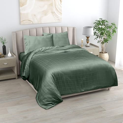 LINENWALAS Super King Fitted Sheet Only, 100% Organic Bamboo Fitted Sheet, Deep Pocket 16 Inch Soft, Silk, Cooling Designer Checks Bamboo Bedding Fitted Sheet (Avocado Green, Super King)