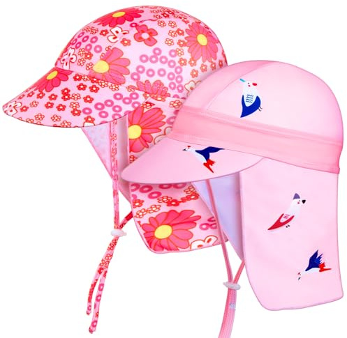 SATINIOR 2 Pcs Baby Toddler Sun Hat Baby Swim Hat UPF 50+ Summer Cap with Strap Adjustable Flap Sun Protection Beach Hat for 1-7 Years (Flower, Bird)