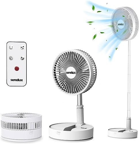 Senelux Portable Oscillating Standing Fan w/Remote Control, 8 inch Silent Pedestal Fan, 7200mAh Rechargeable Battery USB Powered Floor Fan, Height Adjustable Foldable Desk Table Fans for Bedroom Home