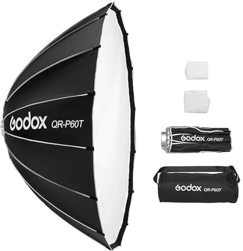 Godox QR-P60T 60 cm/23,6 tum parabolisk djup softbox, snabblås, vikbar softbox med standardbowens-hållare och diffusorer för blixt Speedlite permanent ljus fotografi porträtt