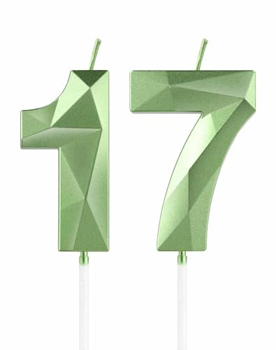 mciskin Green 17th Birthday Candles, 3D Number 17 Candles for Cake, Girls Boys 17th Birthday Decorations,Sage Green Candle Cake Topper Decorations for Birthday Party Weddings Anniversary Supplies