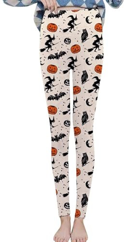 Thermo-Leggings, dicke Linien, Winterhose, Damen, Herbst, Fleece, warm, Halloween-Druck, niedlicher Stil, Leggings für Damen, hohe Taille, beige, M