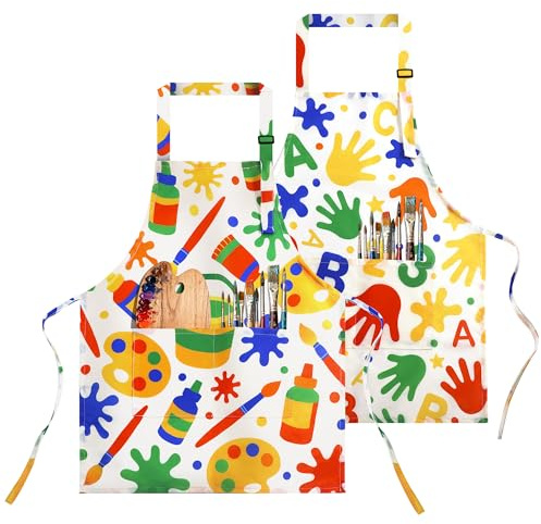 Oiomniv 2 Pack Kids Apron – Waterproof Kids Painting Apron with 2 Large Pockets, Washable toddler apron for Cooking Baking