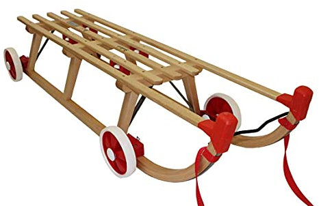Roll Rodel - 110 cm Holzschlitten mit Rädern zum Rollen auf Teer - Umsteckbare Vollgummiräder - mit Halterung unter Sitzfläche/inkl. Zugseil - Davoser Rodel 110cm bis 80 kg belastbar