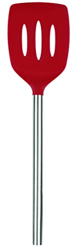 Tovolo Slotted Silicone Spatula Turner Slotted Stainless Steel Handle 10 Cayenne Red Heat Resistant Non Toxic BPA Free Kitchen Utensil, Silicone Egg Pancake Flipper Metal Handle Turner for Cooking