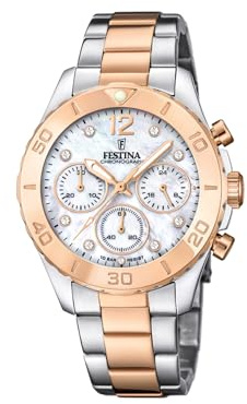 Festina Orologio Donna Analogico Acciaio Inossidabile 316L Argento - Quarzo Cronografo - Vetro minerale alta resistenza - Impermeabile 10 ATM F20605/1 - Boyfriend Collection
