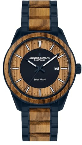 JACQUES LEMANS Holzuhr Herren, Solar Wood Herrenuhr - Model 1-2116M Chronograph und Armband Blau beschichtet, Edelstahl mit Holzeinlage für Männer, Armbanduhr Holz Herren Holzuhren für Herren