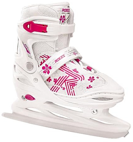 Roces Kid's Children Adjustable Stainless Steel Figure Blade Jokey Ice 3.0 Girl Ice Skates w/Laces, Power Strap & Microadjustable Buckle Closure, White/Pink, 13jr-2