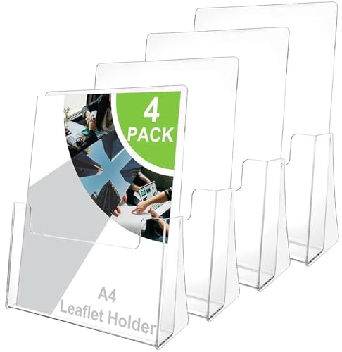 DAJAVE 4 Pcs Leaflet Holder A4 Leaflets Stand, Acrylic Leaflet Display Stands A4 Brochure Stand Free Standing Brochure Holder for Magazine Business Card Booklets Menu