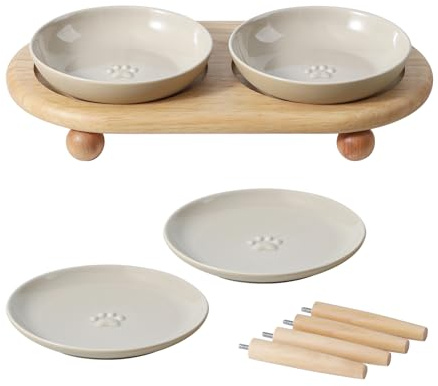 Havniva Whisker-Friendly Cat Dishes & Shallow Bowls, Anti-Choking Raised Bowl Set (2Dish+2Shallow+Stand, Anti Whisker Fatigue