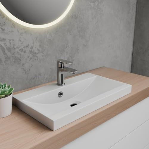 Lindbergh® Formano + Silver Smart Waschbecken, Aufsatzwaschbecken aus hochwertigem Mineralguss, Weiß, 60 x 35, Rechteckig, Badezimmer (3. Waschbecken mit Armatur Silver Smart)