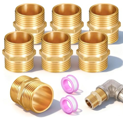 7 Stück Doppelnippel 3/4 Zoll, Schlauchanschluss Messing Gewindefitting Fittings Doppelnippel mit Sechskant Doppelnippels mit 2 Gewindedichtband für Heizung Trinkwasseranlage Geeignet Sanitär