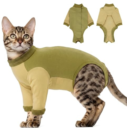 Traje de Recuperación para Gatos con Mangas, Body Gata Esterilización de Algodón, Ropa Postoperatoria Antilamido con Velcro, Alternativa al Collar Isabelino para Cirugía y Heridas, Verde Salvia XL