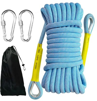 HUtzpah Corde Statique 8mm 5m – Kit de Sécurité pour Corde d'escalade | 2 mousquetons acier + sac. Usages : alpinisme, camping, sauvetage – Bleu