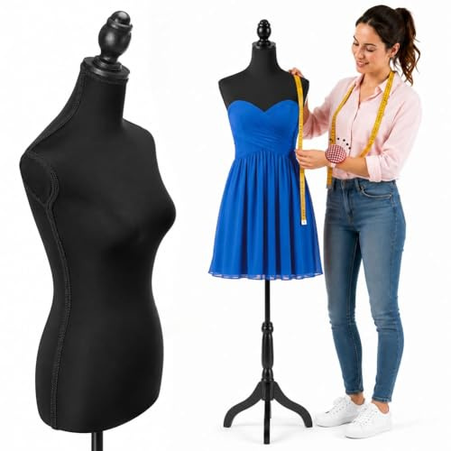Manichino Busto Sartoriale Femminile Da Sarta Per Capi Di Sartoria Abbigliamento Tailleur Torso Da Donna Altezza Regolabile Per Vetrine Con Treppiede Struttura In Legno 42 x 170cm (Total Black)