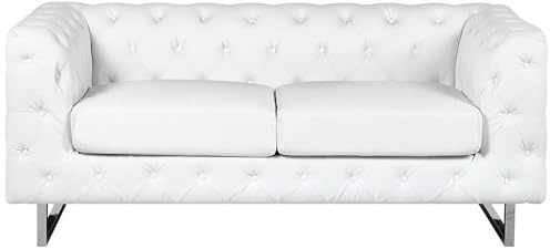 Beliani Sofá 2 plazas Estilo Chesterfield en Piel sintética Blanca reposabrazos Respaldo Abotonado Patas Plateadas Vissland