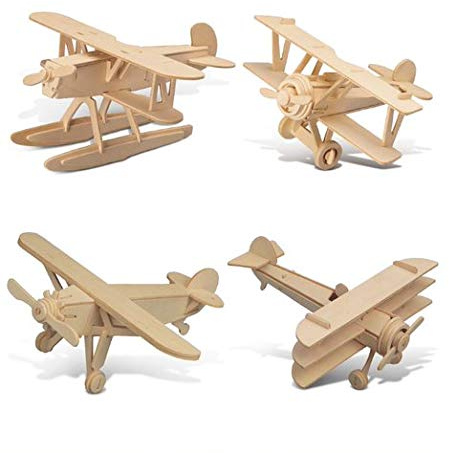 Puzzled Wooden Airplane Model Kits - Water Plane, Spirit of St. Louis, Nieuport 17 & Tri-Plane 3D Wooden Puzzles Set, Educational Adults & Kids Toys DIY Airplane Kit Assembly Planes to Build - 4 Pack