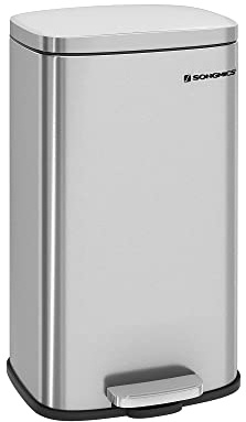 SONGMICS Trash Can with Lid, 8 Gallon Garbage Can, Stainless Steel Small Waste Bin with Step Pedal and Inner Bucket, Soft Close, Kitchen, Silver ULTB03NL