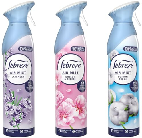 Febreze Air Mist Air Freshener Spray odour Eliminator Home & Office Fragrances - Cotton Fresh - Lavender - Blossom & Breeze - 185ml - Box of 3