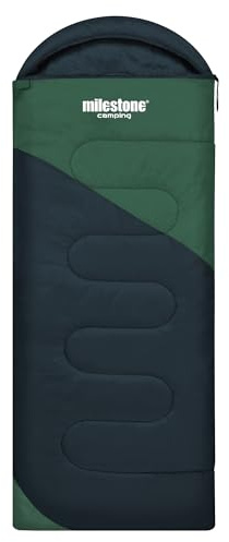 Milestone Hooded Sleeping Bag / 3 Season Single Envelope Style / 250gsm Water Resistant with Carry Sack for Camping Outdoors / 220 x 80cm (Evergreen)