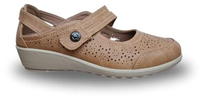 Cushion Walk Wide Fit Ladies Mary Jane Comfort Shoes Womens EEE Loafer Sandals Wedge Summer Holiday Touch Strap UK 4-8 (Tan, UK Footwear Size System, Adult, Women, Numeric, X-Wide, 6)