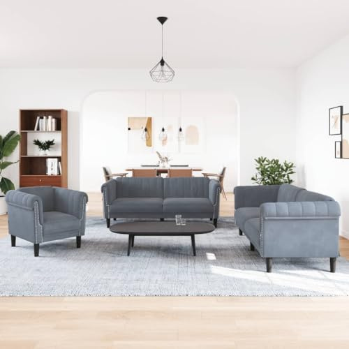 Gecheer Divano in Velluto Grigio Scuro, 3 Pezzi Set Composto da Divano Singolo 80 cm, Divano a 2 Posti 182 cm e Divano a 3 Posti 203 cm, 100% Poliestere con Imbottitura in Gommapiuma, per Soggiorno