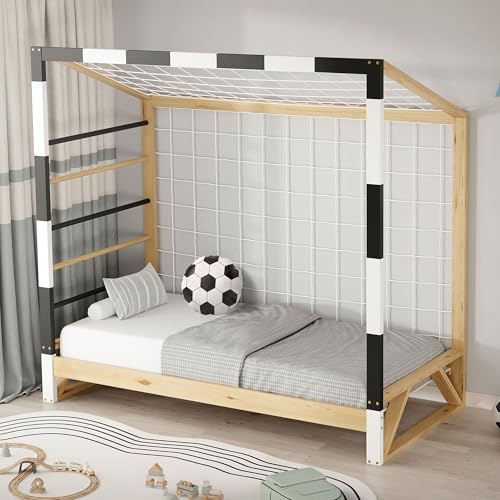 ML-Design Juniorsäng med Fotbolls-Handbollsmål Vit-Svart 80x160 cm Träsäng med Ribbotten och Skyddsnät Barnsäng i Furu Enkelbädd för Unga Sängram för Pojkar och Flickor
