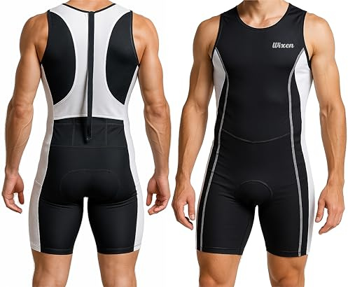 Wixen Men’s Triathlon Suit – Padded One-Piece Sleeveless Trisuit with Rear Zipper for Running, Swimming, Cycling – White-M