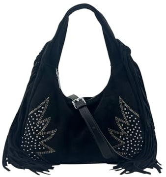 MODELISA - Bolso Hobo de Hombro con Flecos y Detalles de Tachuelas Estilo Casual para Mujer (Negro)