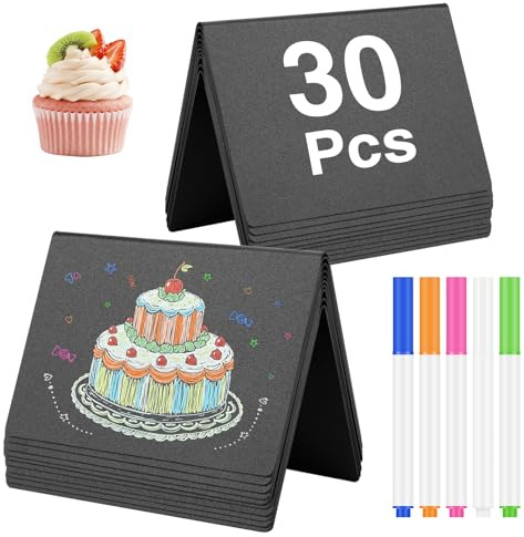 JEFURE 30 Pièces Mini Tableaux Noirs Effaçables, en Forme de V | Petite Ardoise Set 10 × 7,5 cm, avec 5 Stylos à Craie et un Chiffon, pour Prix, Marque-Places, Buffet, Mariage, Restaurant