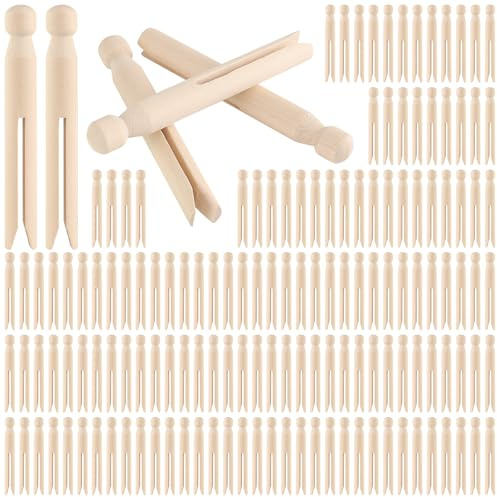 YAUFWUA 200 Pack Round Wooden Clothespins, 4.3 Inch Vintage Doll Clothespins Unfinished Wooden Dolly Pegs Traditional Clothes Pin Pegs for Craft Laundry Peg Outdoor