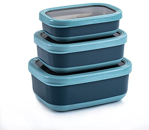 Lille Home Contenedores de comida de acero inoxidable de caja de almuerzo Bento con exterior antideslizante, juego de 3, 470 ml, 900 ml, 1.4 L, a prueba de fugas, sin BPA (azul oscuro)