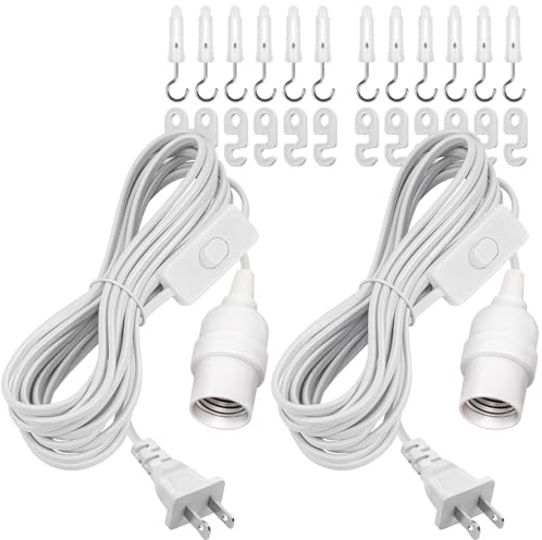 DiCUNO Hanging Lantern Extension Cord Cable, E26 Pendant Light Socket On Off Inline Cord Switch Control Lamp, Switch Close to Polarized Plug, 20 Feet (6M), White, 2-Pack