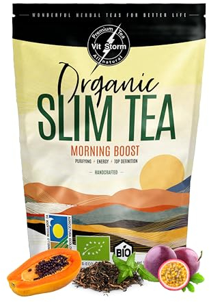 SLIM TEA Bio Morning Boost – Detox Kur Entgiften und Abnehmen Tee – Natürlicher Fettverbrenner, Entgiftungstee - Grüner Tee Lose, Brennnessel, Löwenzahn, Moringa, Papaya, Kräutertee 100g - VITSTORM